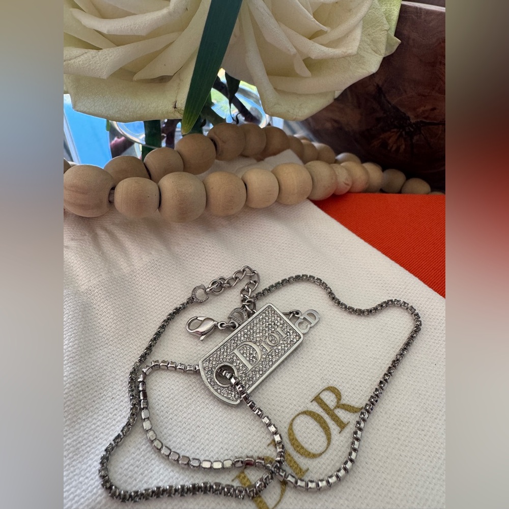 CHRISTIAN DIOR Silver Rhinestone Dog Tag Necklace. Vintage John Galliano 1990s. - Picture 4 of 13